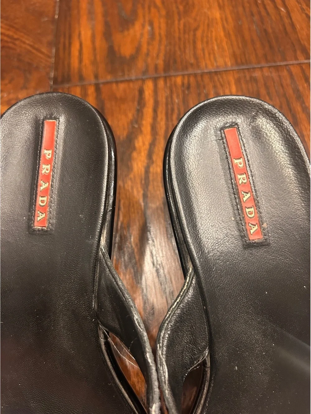Prada Black Wedge Thong Sandals with Buckle Detail